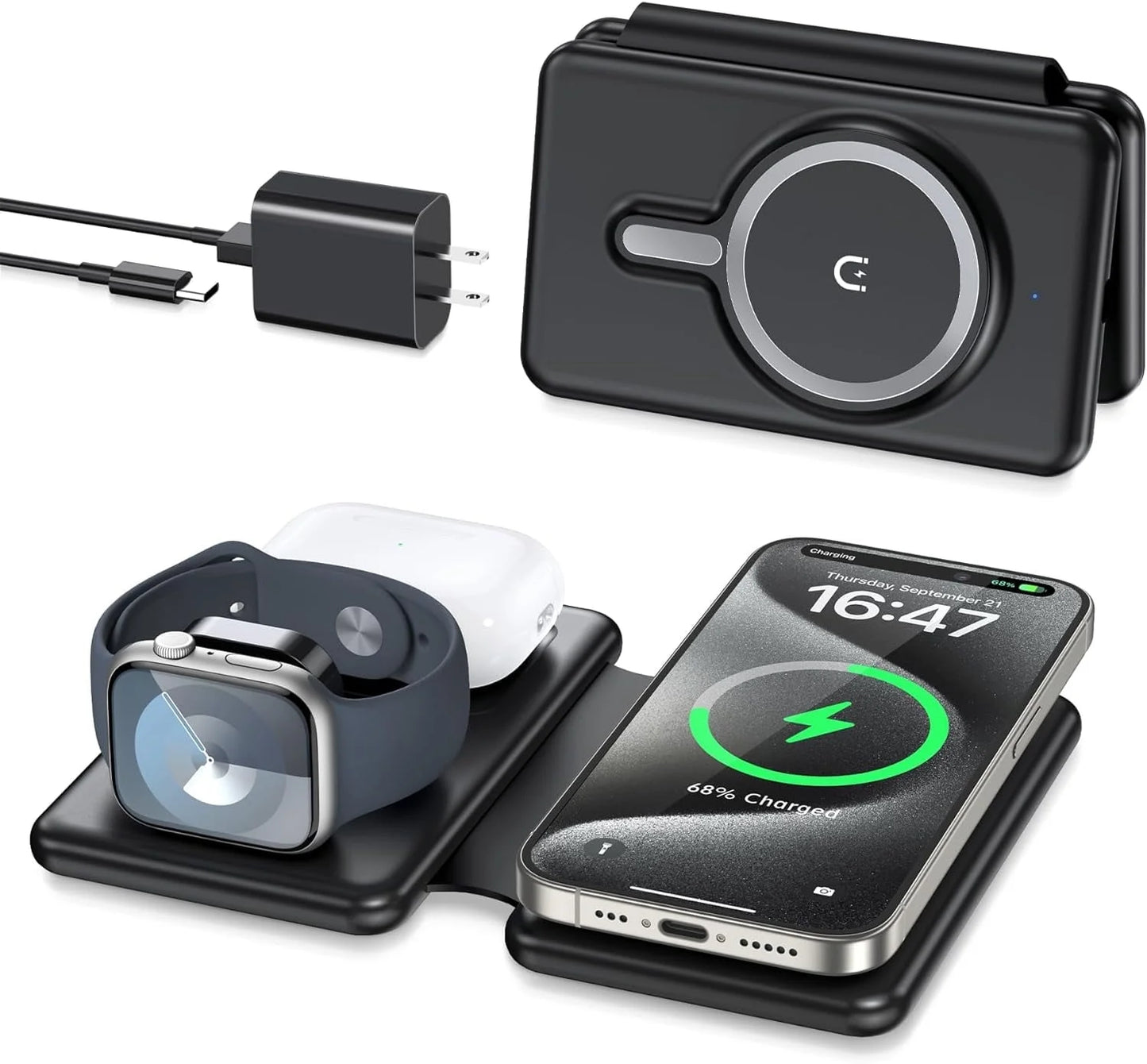 Magnetic Wireless Charger for Iphone: Foldable 3 in 1 Fast Charging for Apple Devices for Iphone 15/14/13/12 Series, Charging Pad for Apple Watch Series & Airpods 3 2 Pro