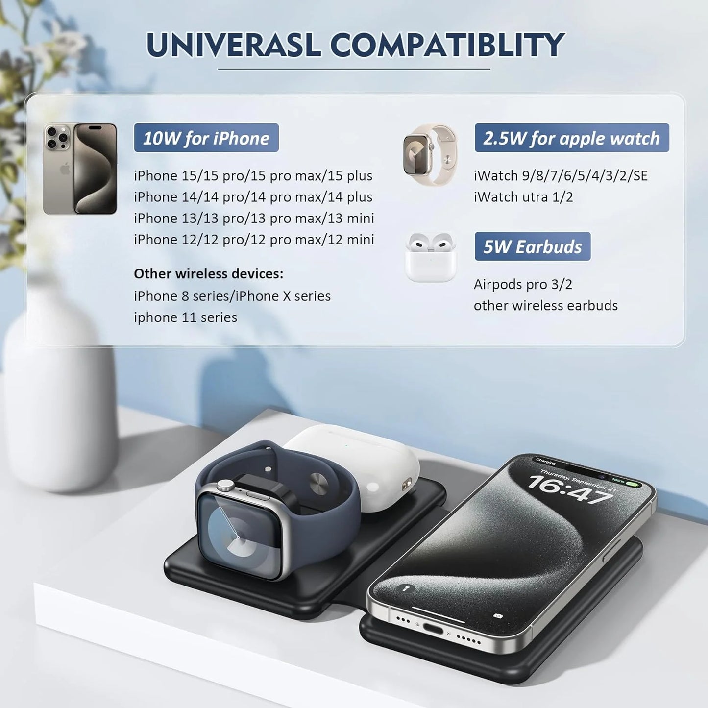 Magnetic Wireless Charger for Iphone: Foldable 3 in 1 Fast Charging for Apple Devices for Iphone 15/14/13/12 Series, Charging Pad for Apple Watch Series & Airpods 3 2 Pro